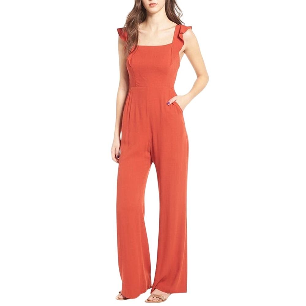 ASTR the Label Sleeveless Ruffle Strap Cutout Romper Jumpsuit Rust Red Small